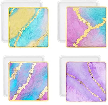 RESINWORLD 4 Pack 4 Inches Square Coaster Molds, Shiny Coaster Silicone Mold for Resin, Geode Aagte Coaster Resin Molds
